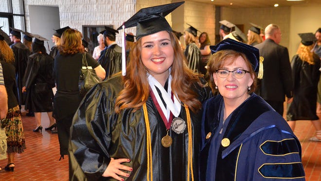 The outgoing student body president of Evangel University, Hannah Beers, celebrates with President Carol A. Taylor following the Baccalaureate and Awards Ceremony on Thursday, May 5.  Beers was named the Outstanding Advertising and Public Relations Graduate of the Year.