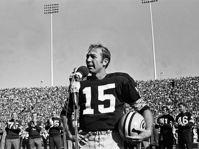 Green Bay Packers quarterback Bart Starr acknowledges tributes during Bart Starr Day on Oct. 18, 1970, at halftime of the game against the Los Angeles Rams at Lambeau Field.