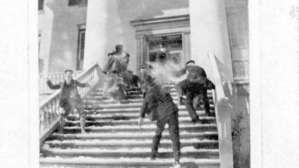 Men engage in a snowball fight on the steps of the capitol on Feb. 13, 1899 -- the coldest day in Tallahassee history.
