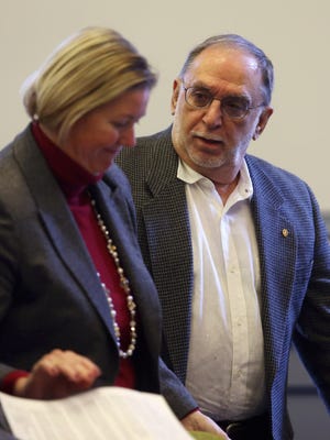 Defense attorney Marcy McMann with client Anthony Desimone, a now-suspended Morris County Board of Elections worker who is charged with possession of child porn. He is making his first appearance at a hearing called central judicial processing, January 6, 2016, Morristown, NJ.