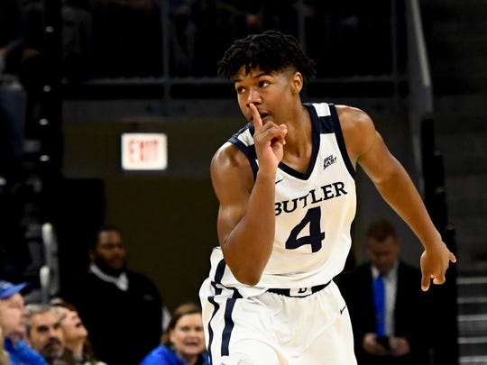 Butler guard Khalif Battle (4) after sinking a 3-point basket against DePaul during the first half of an NCAA college basketball game Saturday, Jan. 18, 2020, in Chicago. (AP Photo/Matt Marton)