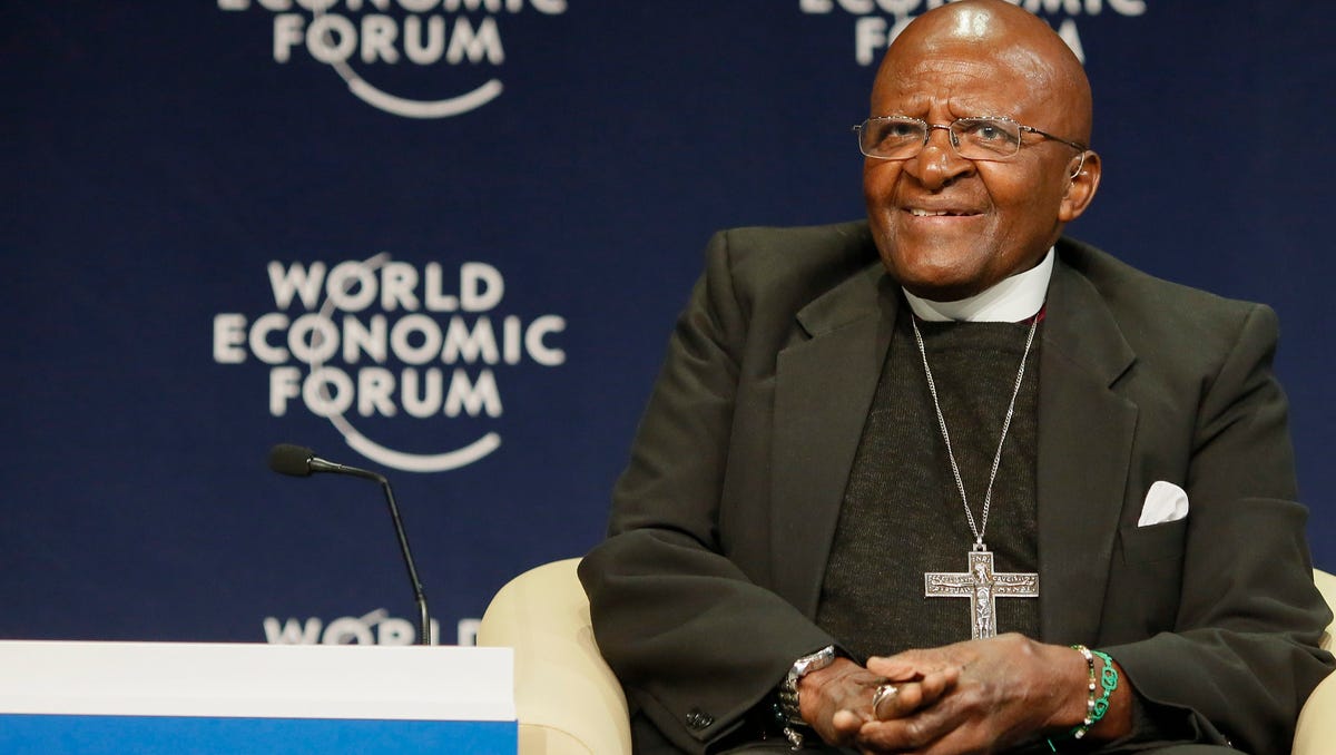 Desmond Tutu attends the World Economic Forum on Africa at the Cape Town International Convention Centre in South Africa on June 5, 2015.
