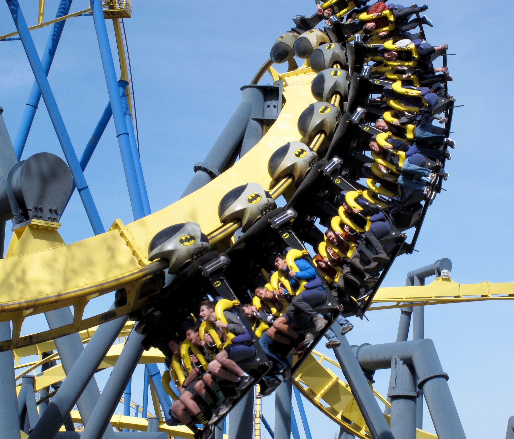 People fly on the Batman ride at Six Flags Great Adventure in Jackson Township Saturday, April 21, 2018.