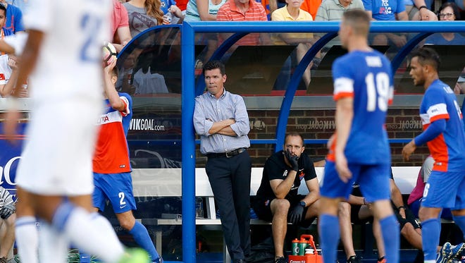 FC Cincinnati head coach Alan Koch watches from the sideline in the first half of the USL Soccer match between FC Cincinnati and Charlotte Independence at Nippert Stadium on June 10, 2017