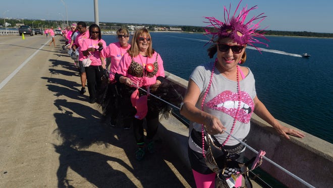 Walkers make their way over the Bob Sikes Bridge during a previous Bras Across the Bridge.