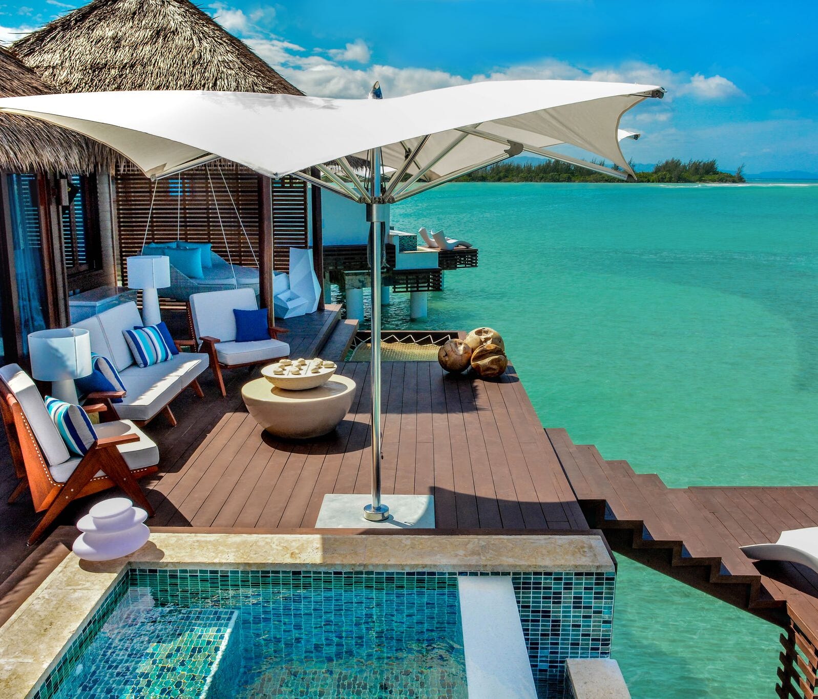 The first of their kind in the Caribbean, the overwater villas of Sandals Royal Caribbean resort in Jamaica are as close as many romantic types might come when it gets to this type of Polynesian glamour. For a starting price of $1,054 per night, they