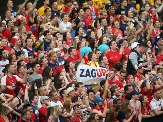 Gonzaga fans react during the second half of the NCAA