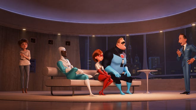 SUPER FANS – In “Incredibles 2,” savvy siblings and business partners Evelyn and Winston Deavor summon Frozone, Elastigirl and Mr. Incredible to share a plan designed to ultimately make Supers legal again. Featuring Catherine Keener as the voice of Evelyn, Samuel L. Jackson as the voice of Frozone, Holly Hunter as the voice of Elastigirl, Craig T. Nelson as the voice of Mr. Incredible and Bob Odenkirk as the voice of Winston, Disney•Pixar’s “Incredibles 2” busts into theaters on June 15, 2018. ©2018 Disney•Pixar. All Rights Reserved.