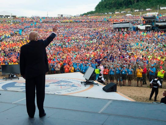 President Trump waves after speaking to Boy Scouts