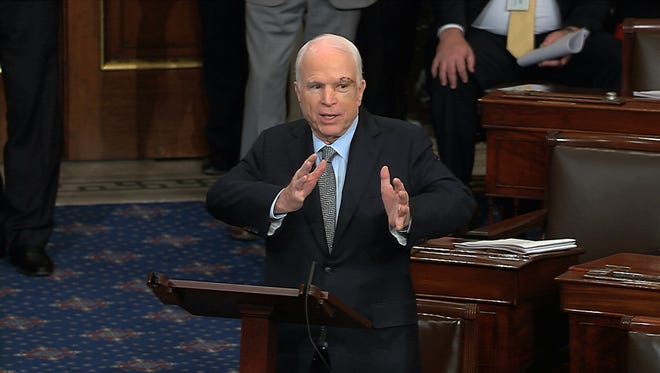 In this image from video provided by Senate Television, Sen. John McCain, R-Ariz., speaks the floor of the Senate on Capitol Hill in Washington, D.C., on July 25, 2017.