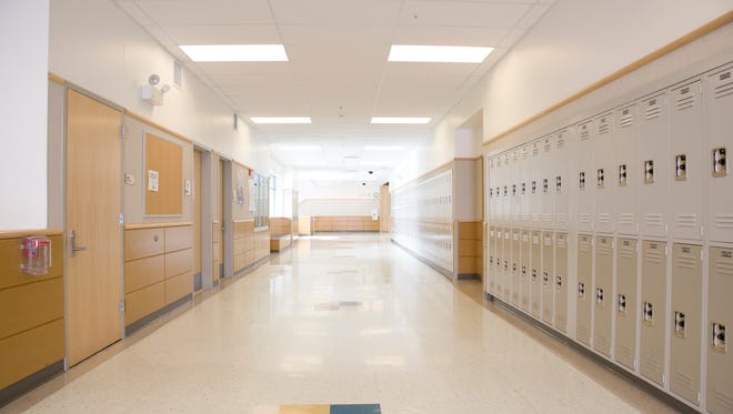 A hallway in a school building.