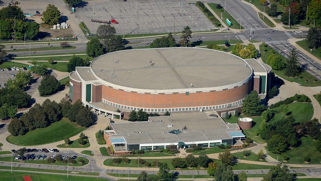 An aerial view of the Breslin Center.