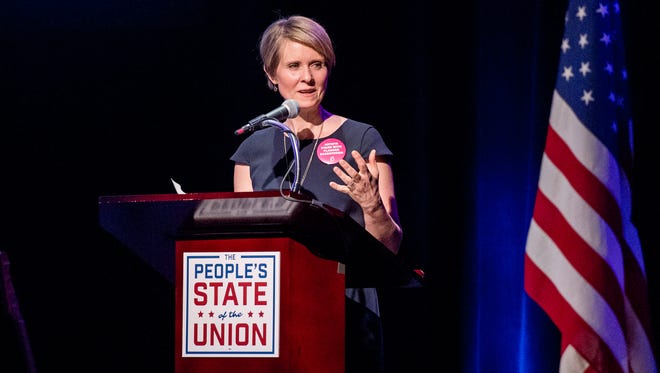 Cynthia Nixon speaks onstage during The People's State Of The Union at Town Hall on January 29, 2018 in New York City. The actress is considering a primary run against Gov. Andrew Cuomo.