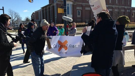 Demonstrators participate in Global Divestment Day at Ball State University in February 2015.
(Photo: