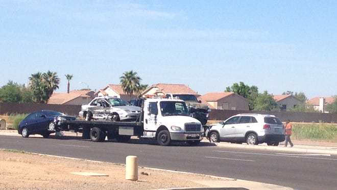The scene of a five-vehicle wreck near Glendale and 75th avenues in Glendale.