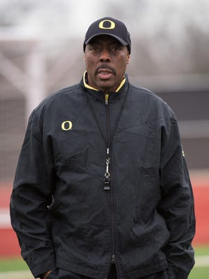 Jan 10, 2015; Euless, TX, USA; Oregon Ducks defensive coordinator Don Pellum watches his team practice at the Euless Trinity High School football field. Mandatory Credit: Jerome Miron-USA TODAY Sports