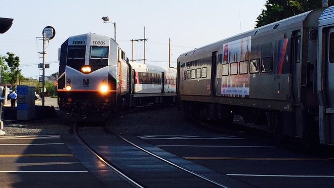 A NJ Transit train pulls in to the Bay Head station.