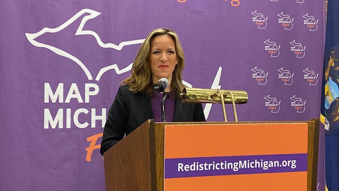 Michigan Secretary of State Jocelyn Benson speaks during a press conference in Grand Rapids on Oct. 29, 2019. Benson told reporters Tuesday, Oct. 20, 2020, with two weeks until Election Day, over 3 million Michiganders have requested an absentee ballot.
