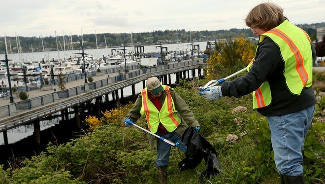 Joel and Jill Bolin, of Seabeck, collect litter from the hillside above the Bremerton Marina on Saturday.