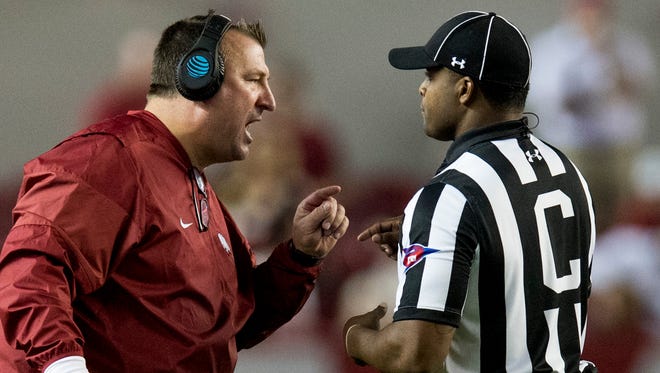Arkansas  head coach Bret Bielema argues a call against Alabama in second half action at Bryant Denny Stadium in Tuscaloosa, Ala. on Saturday October 14, 2017. (Mickey Welsh / Montgomery Advertiser)
