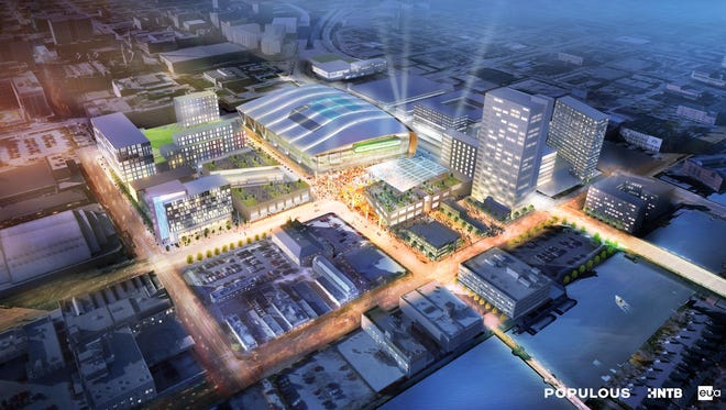 This artist’s rendering provided by Populous, HNTB Corp. and Eppstein Uhen Architects, shows a proposed new arena for the Milwaukee Bucks.