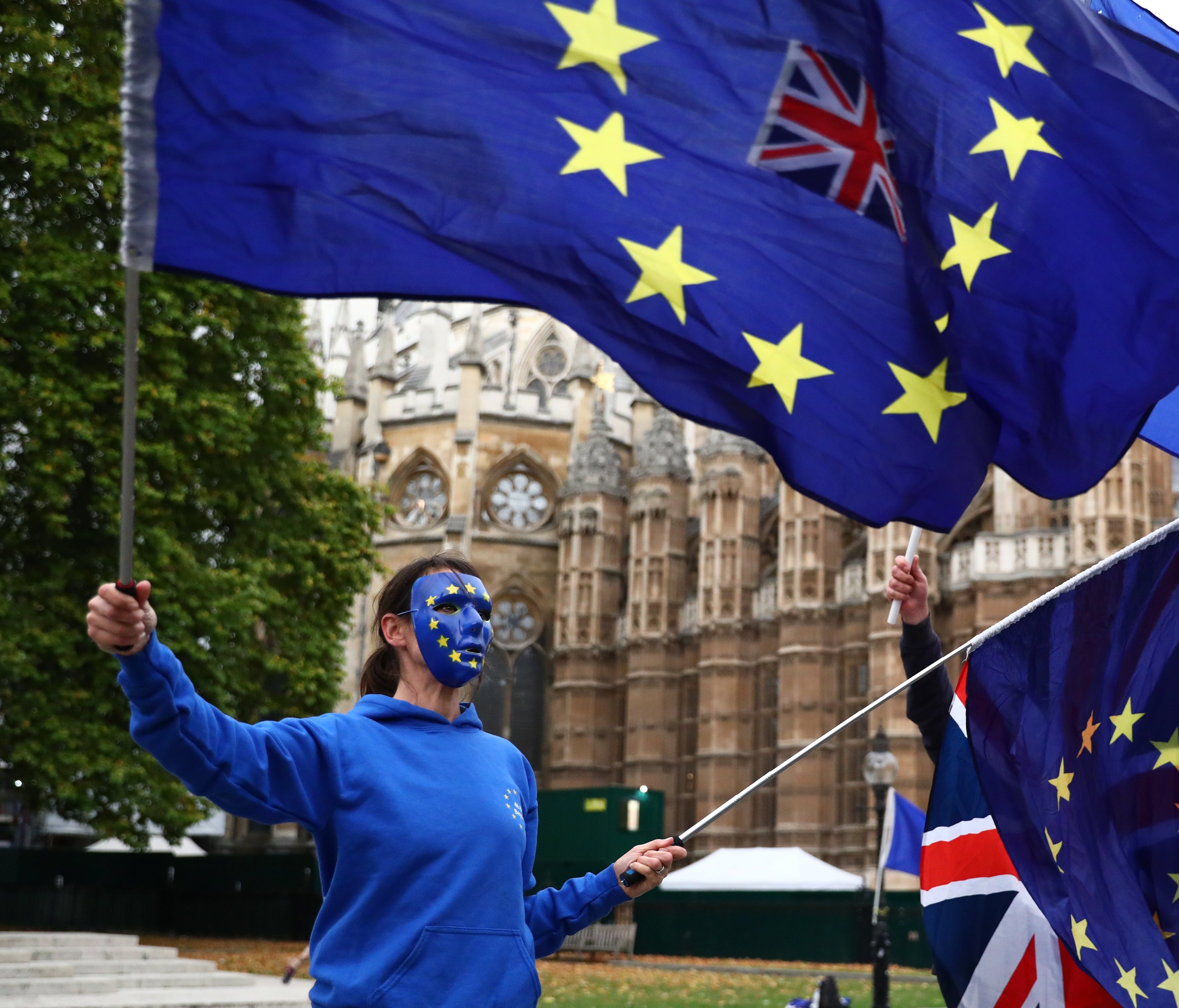 Pro-EU campaigners protest outside the Houses of Parliament in London on Oct. 17, 2017.