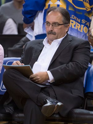 January 12, 2017; Oakland, CA, USA; Pistons coach Stan Van Gundy sits on the bench before the game against the Warriors at Oracle Arena.