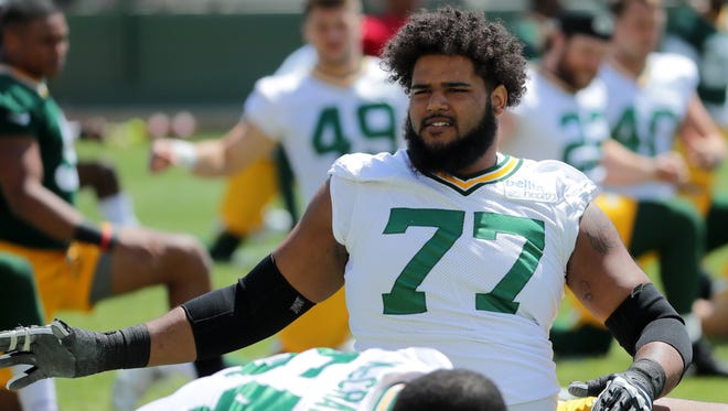 Green Bay Packers offensive guard Adam Pankey (77) is shown during organized team activities Monday, June 4, 2018 in Green Bay, Wis.