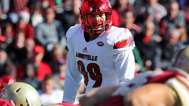 Louisville linebacker James Hearns watches during the second half of the Cardinals' 52-7 win over Boston College at Alumni Stadium in Boston on Nov. 5, 2016.