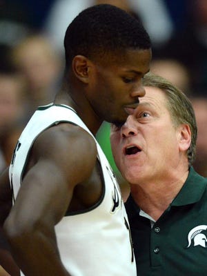 Michigan State Spartans head coach Tom Izzo (right) yells at guard Lourawls Nairn Jr. (11) during the second half against the Boise State Broncos at Titan Gym.