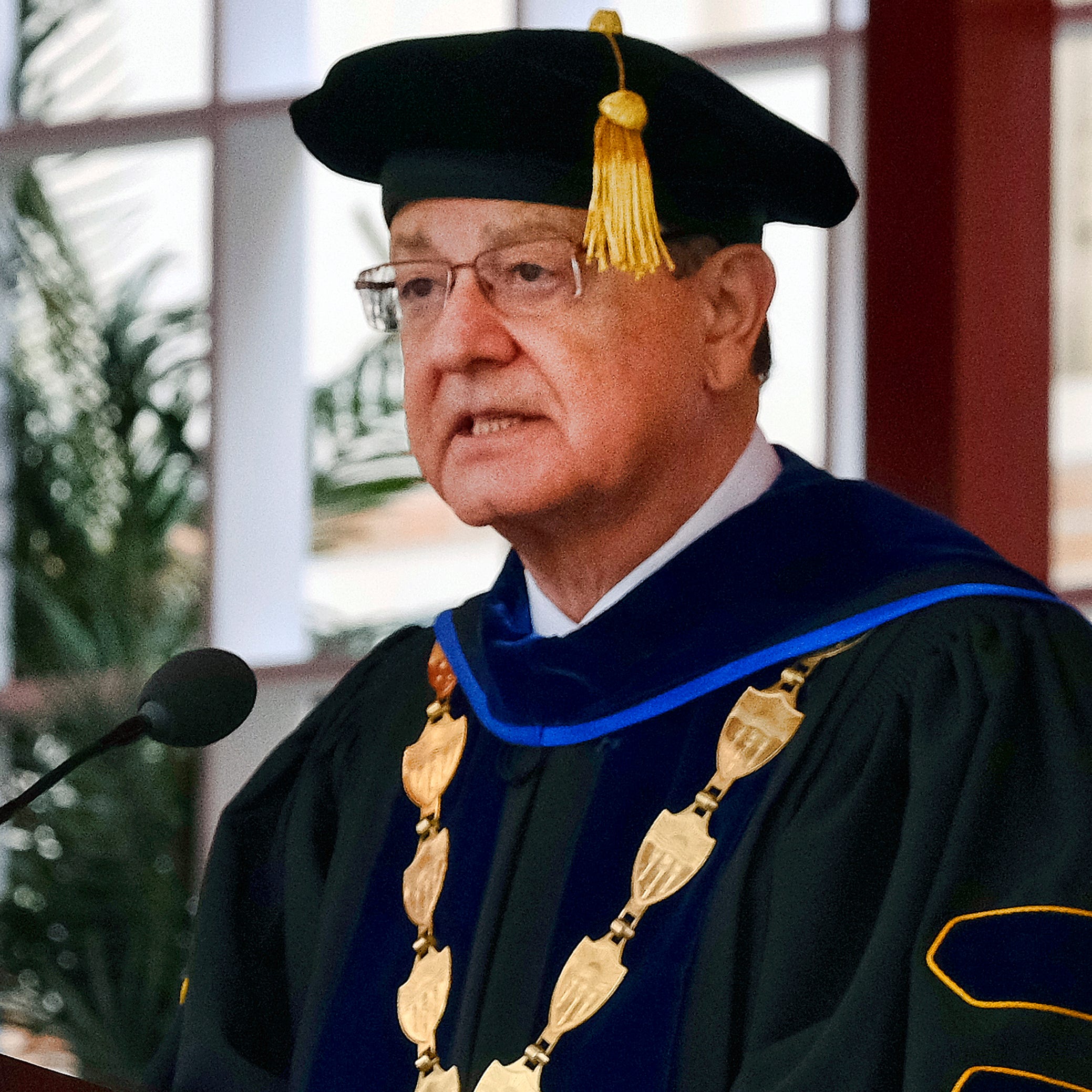 USC President C.L. Max Nikias presides at commencement ceremonies on the campus in Los Angeles.