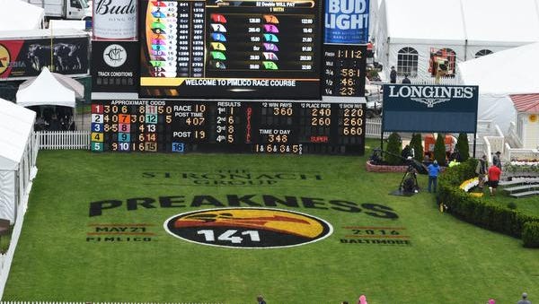 A general view of the  141st running of the Preakness Stakes logo at Pimlico Race Course.