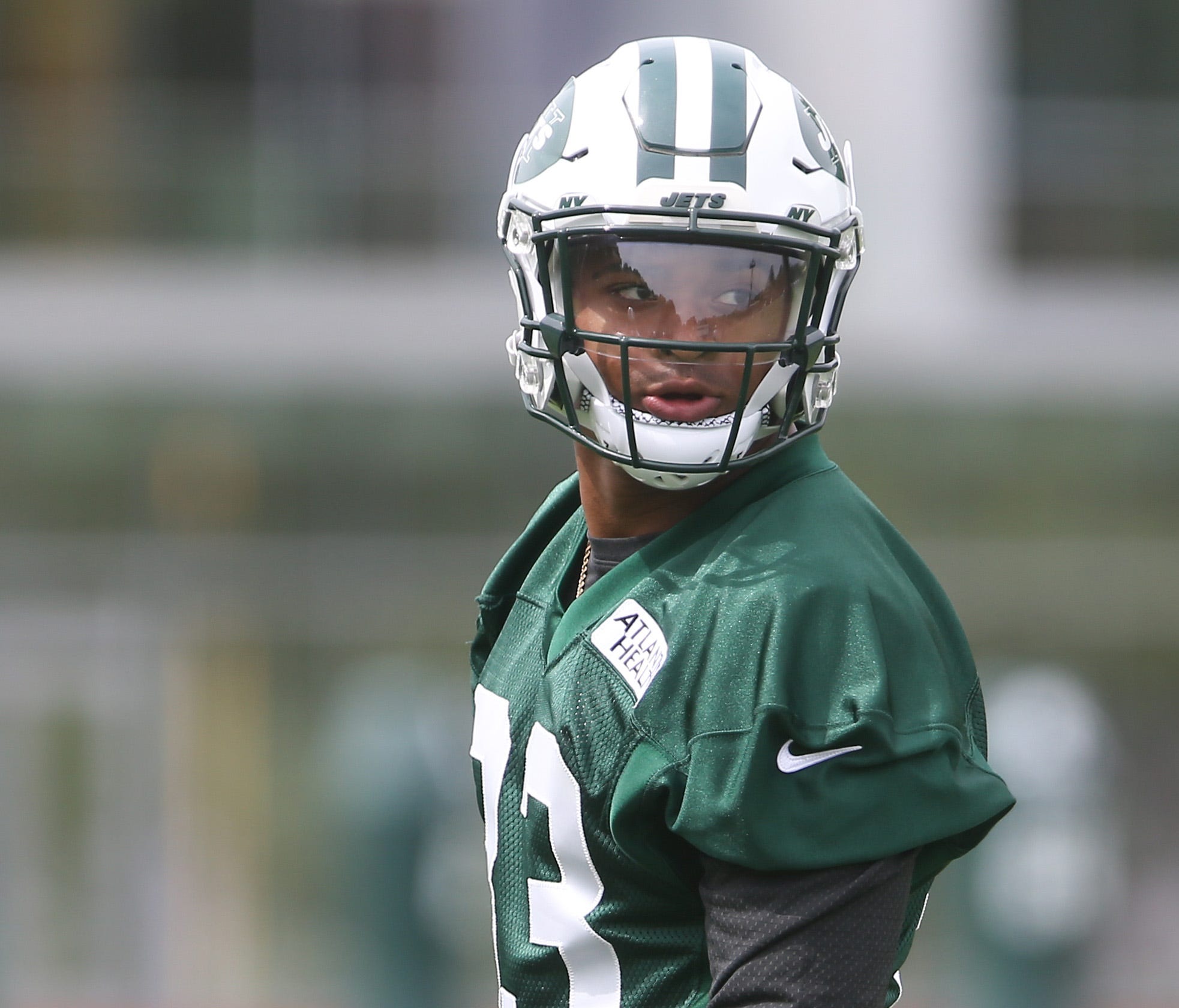 New York Jets safety Jamal Adams (33) holds a pad during their organized team activities at the Atlantic Health Jets Training Center.