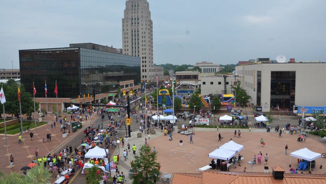 An aerial view of the National Cereal Festival in downtown Battle Creek on June 9, 2018.