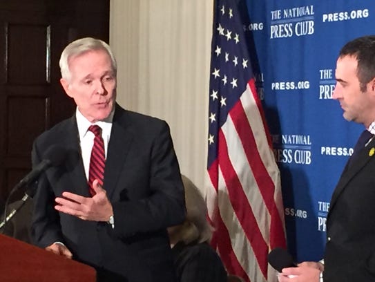 Navy Secretary Ray Mabus answers questions at a luncheon