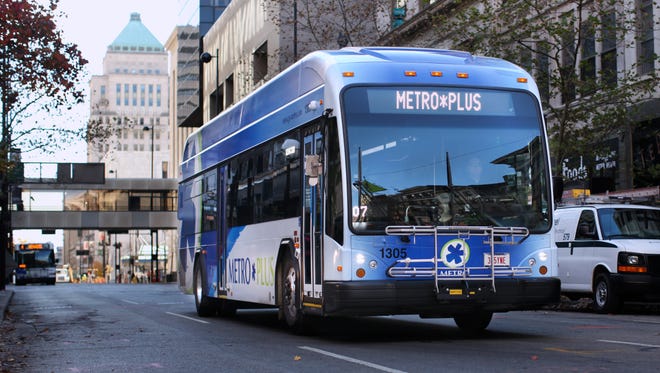 One of the Metro Plus buses on Main Street. Several downtown Metro express service routes will be re-routed due to spring service changes, effective Monday, March 7.