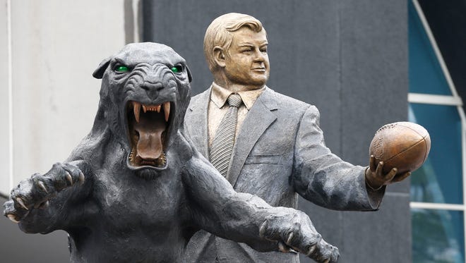 Statue of owner Jerry Richardson next to the Panther on display  during FanFest at Bank of America Stadium.