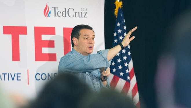 Ted Cruz speaks to a large group of supporters during a rally at the Johnson County Fairgrounds in Iowa City. Sunday, January 31, 2016.