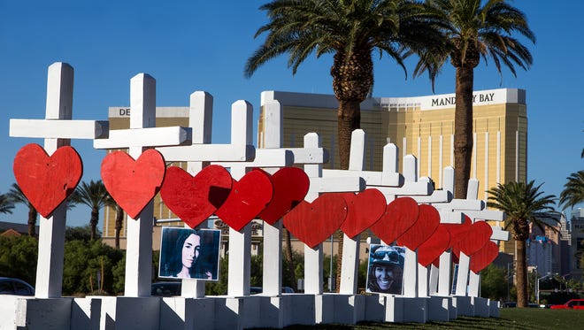 Artist Greg Zanis of Aurora, Illinois, constructed 58 crosses and drove across the country, arriving in Las Vegas Thursday afternoon, October 5, 2017, to install them on Las Vegas Blvd to honor the people killed in the mass shooting.  Zanis said he has created crosses for many of the recent national tragedies, Newtown, San Bernardino and now Las Vegas.