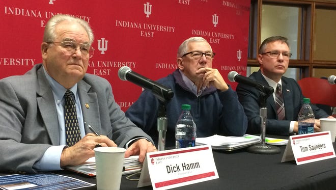 Rep. Dick Hamm, Rep. Tom Saunders and Sen. Jeff Raatz listen to a question during a legislative breakfast at Indiana University East in this file photo.