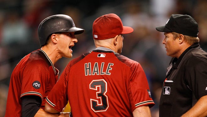 Arizona Diamondbacks’ Nick Ahmed argues after a called third strike against the Pittsburgh Pirates on Sunday, April 24, 2016, at Chase Field in Phoenix, Ariz. Ahmed was ejected from the game after the argument. The Pirates went on to beat the Diamondbacks 12-10 in 13 innings.