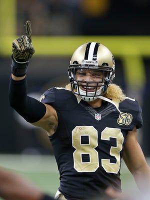 New Orleans Saints wide receiver and Ball State product Willie Snead (83) gestures after throwing a 50-yard touchdown pass to running back Tim Hightower (34) in the second half against the Los Angeles Rams.