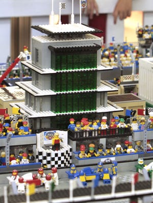 A scale Lego model of Indianapolis Motor Speedway built by Dr. Brian Darrow featured this recreation of the pagoda area. The model was displayed during the 2011 Indiana State Fair.