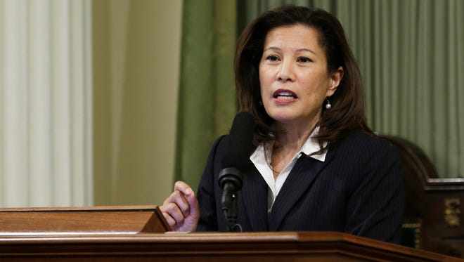 File - In this March 23, 2015, file photo, California Supreme Court Chief Justice Tani G. Cantil-Sakauye delivers her annual State of the Judiciary address before a joint session of the Legislature at the Capitol in Sacramento, Calif. The chief justice of the California Supreme Court has asked federal agents to stop making immigration arrests in courthouses to protect residents' access to justice. Cantil-Sakauye wrote to top federal officials Thursday, March 16, 2017, that she's concerned that recent reports of immigration agents going to the courts to track down immigrants for arrest will affect the public's trust in the court system.