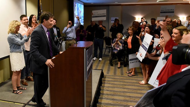 State Senator Troy Balderson greets supporters after a close victory in the Republican primary for the Ohio District 12 congressional race.