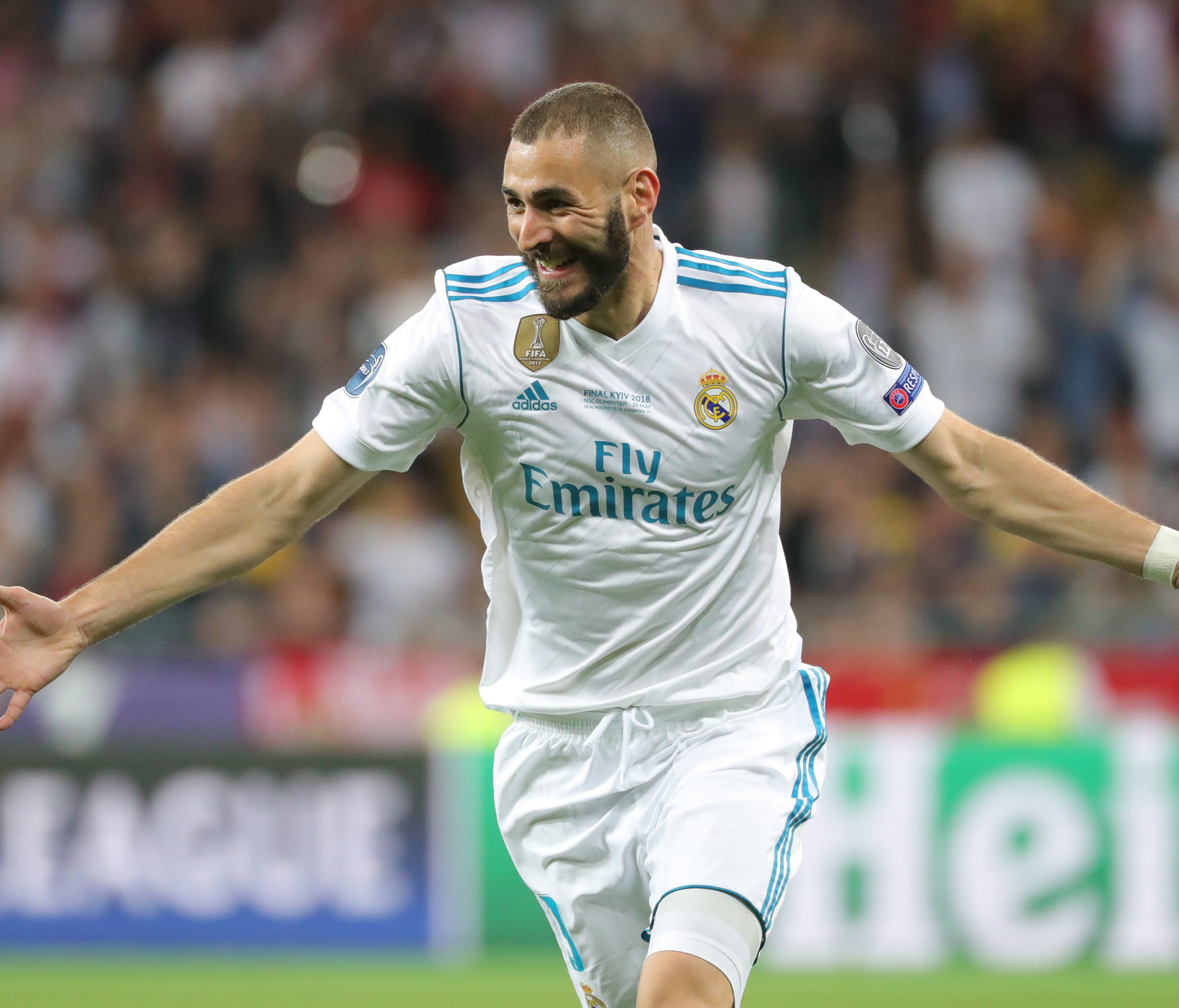 Real Madrid's Karim Benzema celebrates after scoring during the UEFA Champions League final between Real Madrid and Liverpool FC.
