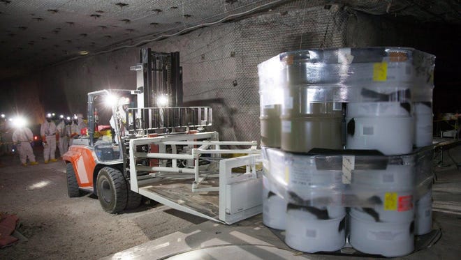 Drums of transuranic nuclear waste are emplaced in packs of seven at the Waste Isolation Pilot Plant.
