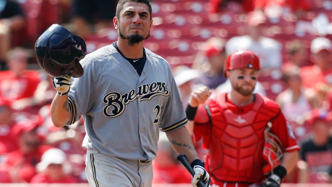 The Brewers' Matt Garza reacts after striking out against Reds starting pitcher John Lamb during a Sept. 5 game.