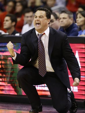 Arizona Wildcats head coach Sean Miller reacts during
