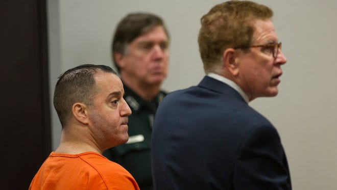 Victor Brancaccio (left) and his defense attorney Richard Kibbey (right) appear in front of Judge Gary Sweet on Tuesday, April 18, 2017, at the St. Lucie County Courthouse in Fort Pierce. Brancaccio was twice convicted of first-degree murder for the 1993 beating of an 81-year-old woman when he was 16, but his lawyers are asking the judge to review whether his original sentencing is constitutional. Sweet has not yet ruled on the request.